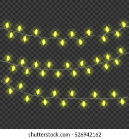 Christmas lights isolated realistic design elements. Gold Glowing lights for Xmas Holiday greeting card design. Garlands.