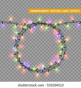 Christmas lights isolated realistic design elements. Glowing lights for Xmas Holiday greeting card design. Garlands, Christmas decorations. Led neon lamp