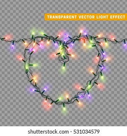 Christmas lights isolated realistic design elements. Glowing lights for Xmas Holiday greeting card design. Garlands, Christmas decorations. Led neon lamp