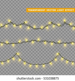 Christmas lights isolated realistic design elements. Glowing lights for Xmas Holiday greeting card design. Garlands, Christmas decorations. Led neon lamp