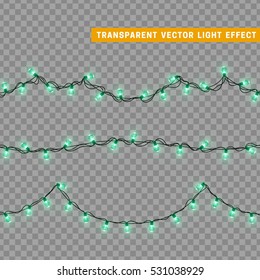 Christmas lights isolated realistic design elements. Glowing lights for Xmas Holiday greeting card design. Garlands, Christmas decorations. Led neon lamp