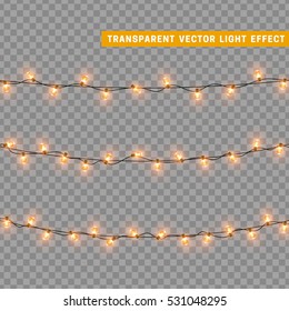 Christmas lights isolated realistic design elements. Glowing lights for Xmas Holiday greeting card design. Garlands, Christmas decorations. Led neon lamp
