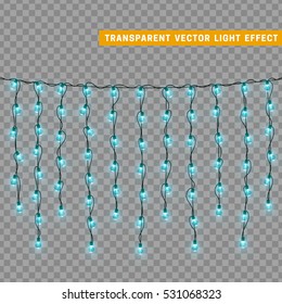 Christmas lights isolated realistic design elements. Glowing lights for Xmas Holiday greeting card design. Garlands, Christmas decorations. Led neon lamp