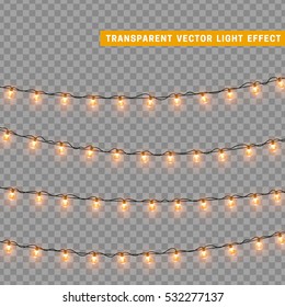 Christmas lights isolated realistic design elements. Glowing lights for Xmas Holiday greeting card design. Garlands, Christmas decorations. Led neon lamp