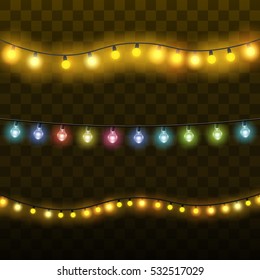 Christmas lights isolated realistic design elements. Glowing lights for Xmas Holiday greeting card design. Garlands, Christmas decorations. Vector illustration