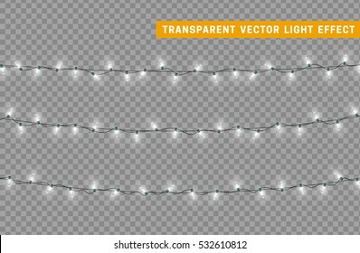 Christmas lights isolated realistic design elements. Glowing lights for Xmas Holiday greeting card design. Garlands decorations. Led neon lamp