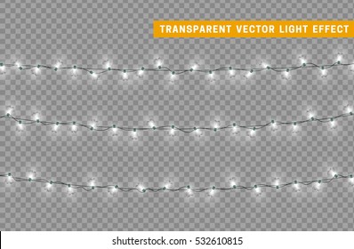 Christmas lights isolated realistic design elements. Glowing lights for Xmas Holiday greeting card design. Garlands decorations. Led neon lamp