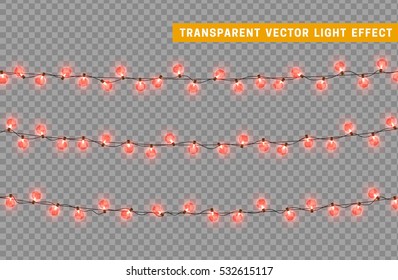 Christmas lights isolated realistic design elements. Glowing lights for Xmas Holiday greeting card design. Garlands decorations. Led neon lamp
