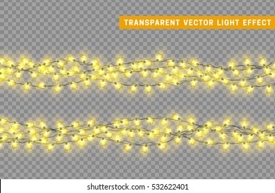 Christmas lights isolated realistic design elements. Glowing lights for Xmas Holiday greeting card design. Garlands decorations. Led neon lamp
