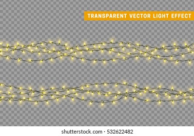 Christmas lights isolated realistic design elements. Glowing lights for Xmas Holiday greeting card design. Garlands decorations. Led neon lamp