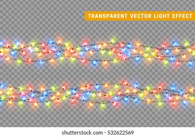 Christmas lights isolated realistic design elements. Glowing lights for Xmas Holiday greeting card design. Garlands decorations. Led neon lamp