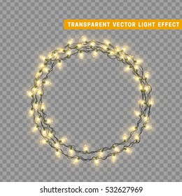 Christmas lights isolated realistic design elements. Glowing lights for Xmas Holiday greeting card design. Garlands decorations. Led neon lamp