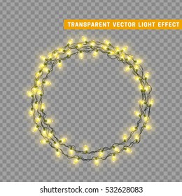 Christmas lights isolated realistic design elements. Glowing lights for Xmas Holiday greeting card design. Garlands decorations. Led neon lamp