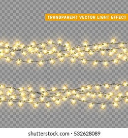 Christmas lights isolated realistic design elements. Glowing lights for Xmas Holiday greeting card design. Garlands decorations. Led neon lamp