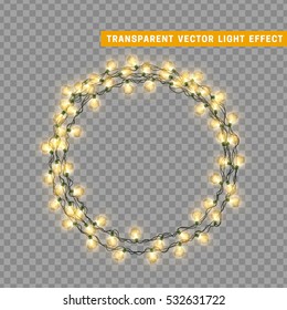Christmas lights isolated realistic design elements. Glowing lights for Xmas Holiday greeting card design. Garlands decorations. Led neon lamp