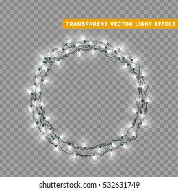 Christmas lights isolated realistic design elements. Glowing lights for Xmas Holiday greeting card design. Garlands decorations. Led neon lamp