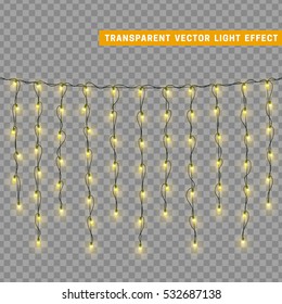 Christmas lights isolated realistic design elements. Glowing lights for Xmas Holiday greeting card design. Garlands decorations. Led neon lamp