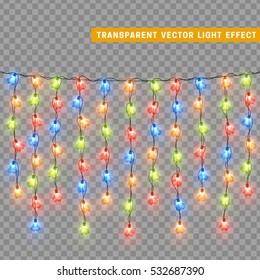 Christmas lights isolated realistic design elements. Glowing lights for Xmas Holiday greeting card design. Garlands decorations. Led neon lamp