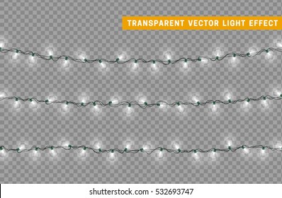 Christmas lights isolated realistic design elements. Glowing lights for Xmas Holiday greeting card design. Garlands decorations. Led neon lamp