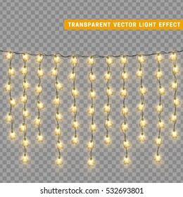 Christmas lights isolated realistic design elements. Glowing lights for Xmas Holiday greeting card design. Garlands decorations. Led neon lamp
