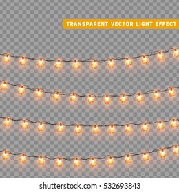 Christmas lights isolated realistic design elements. Glowing lights for Xmas Holiday greeting card design. Garlands decorations. Led neon lamp
