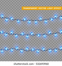 Christmas lights isolated realistic design elements. Glowing lights for Xmas Holiday greeting card design. Garlands decorations. Led neon lamp