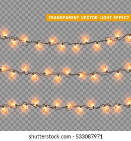 Christmas lights isolated realistic design elements. Glowing lights for Xmas Holiday greeting card design. Garlands decorations. Led neon lamp