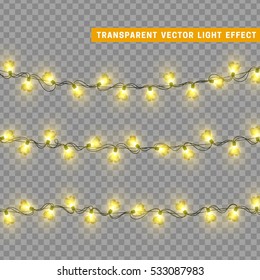 Christmas lights isolated realistic design elements. Glowing lights for Xmas Holiday greeting card design. Garlands decorations. Led neon lamp