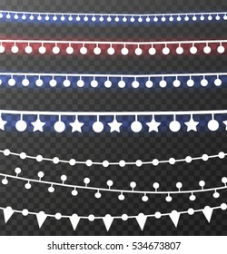 Christmas lights isolated realistic design elements. Glowing lights for Xmas Holiday greeting card design. Garlands, Christmas decorations.