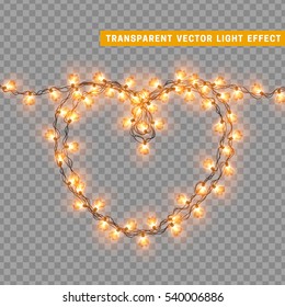 Christmas lights isolated realistic design elements. Glowing lights for Xmas Holiday greeting card design. Garlands decorations. Led neon lamp