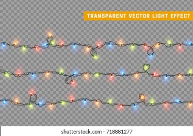 Christmas lights isolated realistic design elements. Glowing lights for Xmas Holiday cards, banners, posters, web design. Garlands decorations. Led neon lamp
