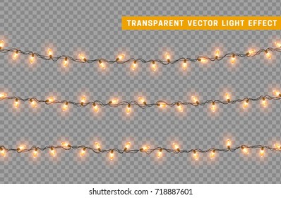 Christmas lights isolated realistic design elements. Glowing lights for Xmas Holiday greeting card design. Garlands decorations. Led neon lamp
