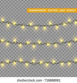 Christmas lights isolated realistic design elements. Glowing lights for Xmas Holiday greeting card design. Garlands decorations. Led neon lamp