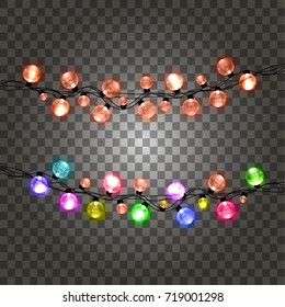Christmas lights isolated realistic design elements. Glowing lights for greeting card design.