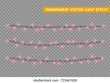 Christmas lights isolated realistic design. Lights string garlands color pink. Glowing Xmas decorations.