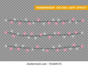 Christmas lights isolated realistic design. Lights garlands color white and pink. Glowing Xmas decorations.