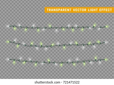 Christmas lights isolated realistic design. Lights garlands color white and green. Glowing Xmas decorations.