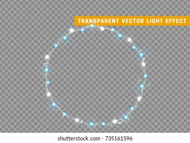 Christmas lights isolated realistic design elements. Glowing lights for Xmas holiday greeting card design. Garlands, Christmas decorations.