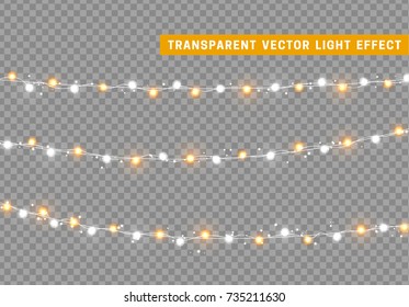 Christmas lights isolated realistic design elements. Xmas glowing lights. Garlands, Christmas decorations.