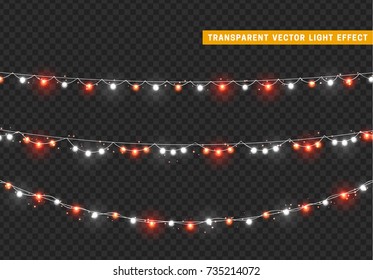 Christmas lights isolated realistic design elements. Xmas glowing lights. Garlands, Christmas decorations.