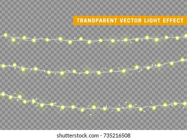 Christmas lights isolated realistic design elements. Xmas glowing lights. Garlands, Christmas decorations.