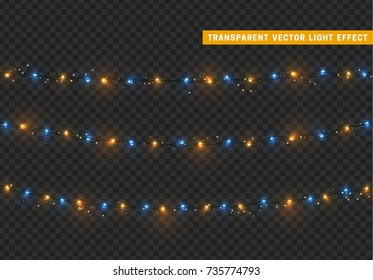 Christmas lights isolated realistic design elements. Xmas glowing lights. Garlands, Christmas decorations.