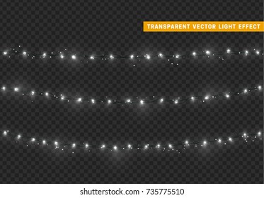 Christmas lights isolated realistic design elements. Xmas glowing lights. Garlands, Christmas decorations.