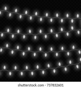 Christmas lights isolated realistic design elements. Glowing lights for Xmas Holiday greeting card design. Garlands.
