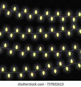 Christmas lights isolated realistic design elements. Glowing lights for Xmas Holiday greeting card design. Garlands.

