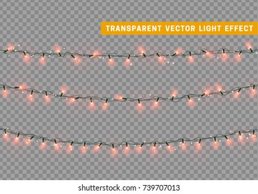 Christmas lights isolated realistic design elements. Xmas glowing lights. Garlands, Christmas decorations.