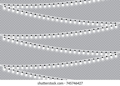 Christmas lights isolated realistic design elements. Glowing lights for Xmas Holiday greeting card design. Garlands, Christmas decorations.