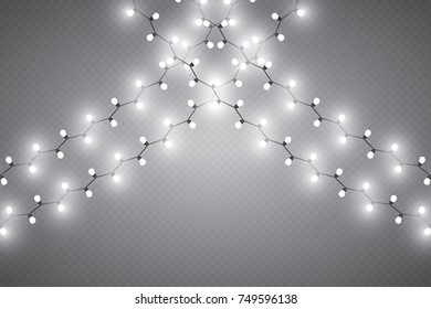 Christmas lights isolated realistic design elements. Glowing lights for Xmas Holiday greeting card design. Garlands.