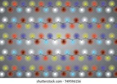 Christmas lights isolated realistic design elements. Glowing lights for Xmas Holiday greeting card design. Garlands.