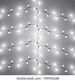 Christmas lights isolated realistic design elements. Glowing lights for Xmas Holiday greeting card design. Garlands.